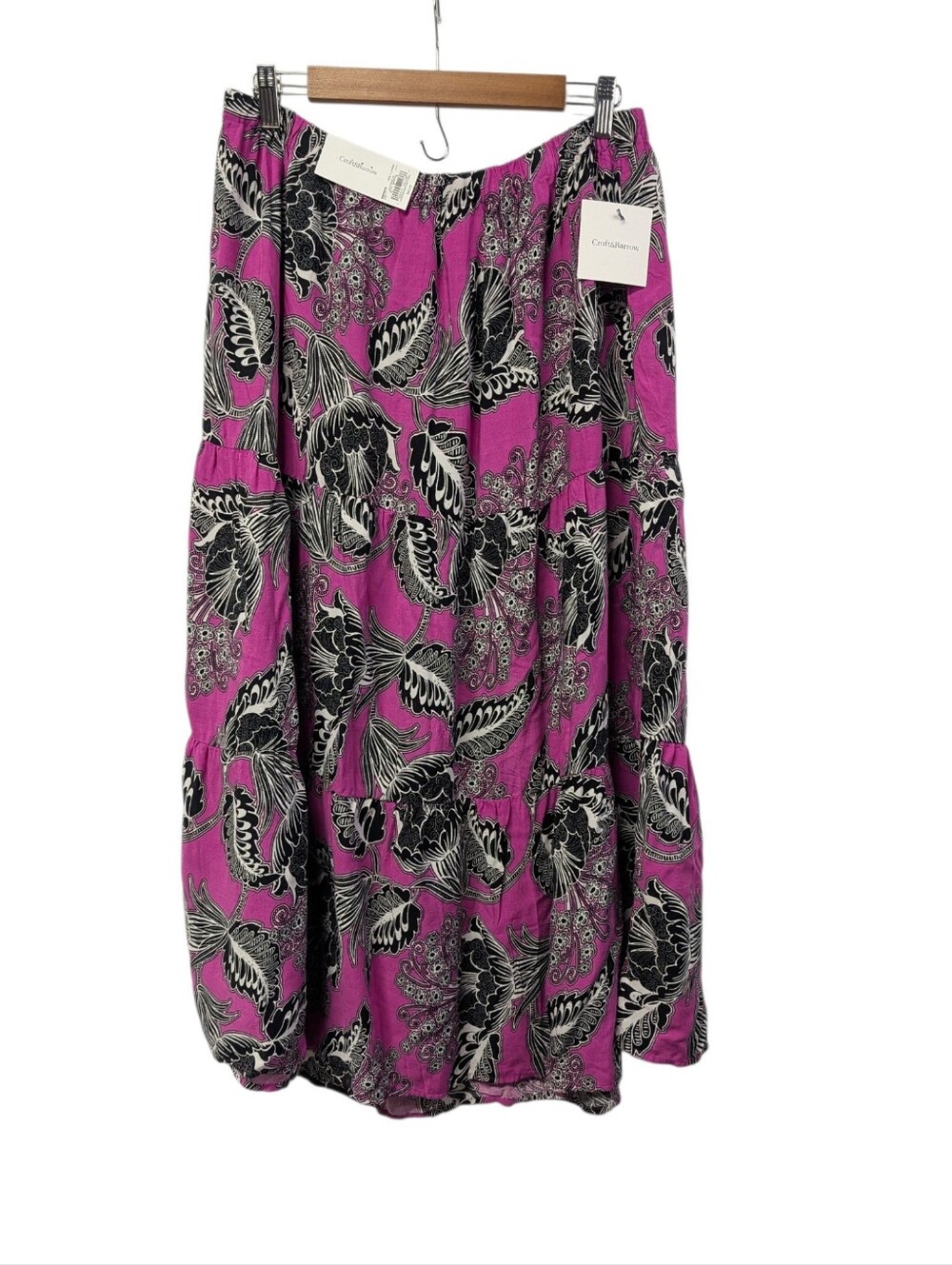 Croft & Barrow Women's XL Pink Black White Floral Tiered Midi Skirt Pull On NWT